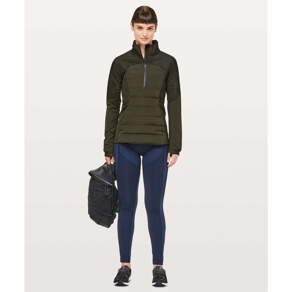 LULULEMON ATHLETICA dark olive Down For It All 3/4 zip down feather pull over